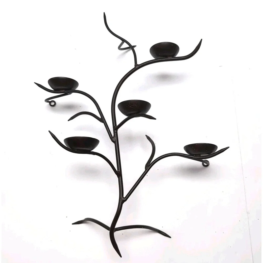 Set Pair of 2 Brutalist‎ Branch Wall Votive Holders Dark Brown Metal Tree Sconce